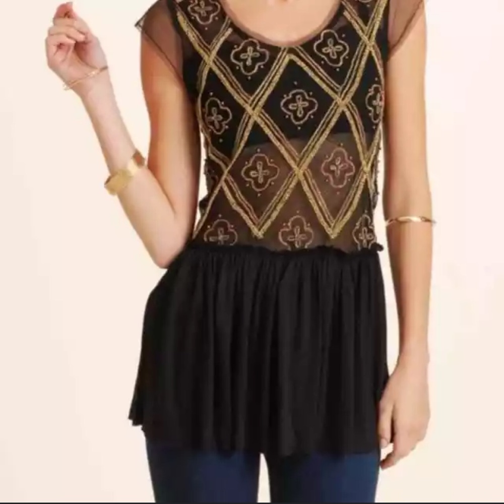 Free People S Black Mesh Tulle Shirt Beaded Embellished Boho Gypsy Tunic Top XS